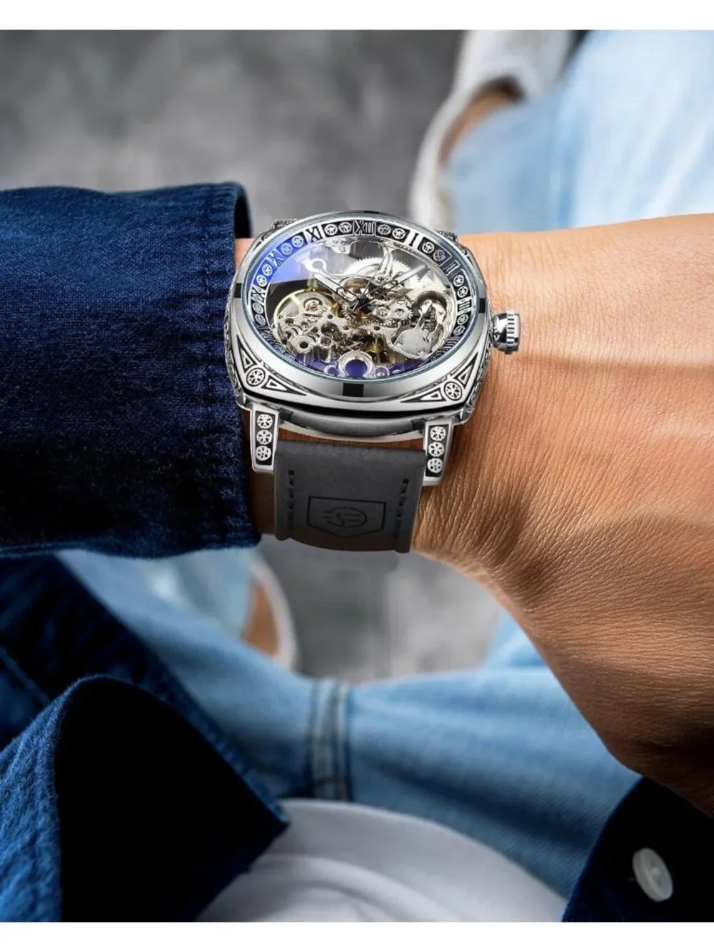 Men's Black Square Mechanical Leather Strap Self-Wind Carved Automatic Watch